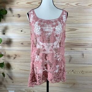 Roommates Crochet Tank Top Womens 1X Pink Boho Floral Sheer Racerback Coverup